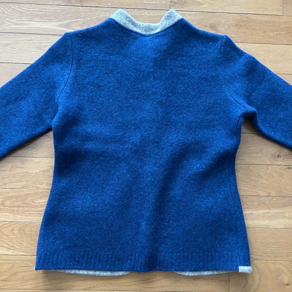 Handstrickerei Irmtraud Lanz Blue Wool Jacket Beige Trim Women’s L - Picture 10 of 16